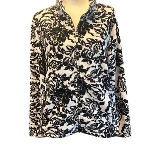Croft & Barrow Womens Large Fleece Jacket Full Zip Black White Floral Rose Mock